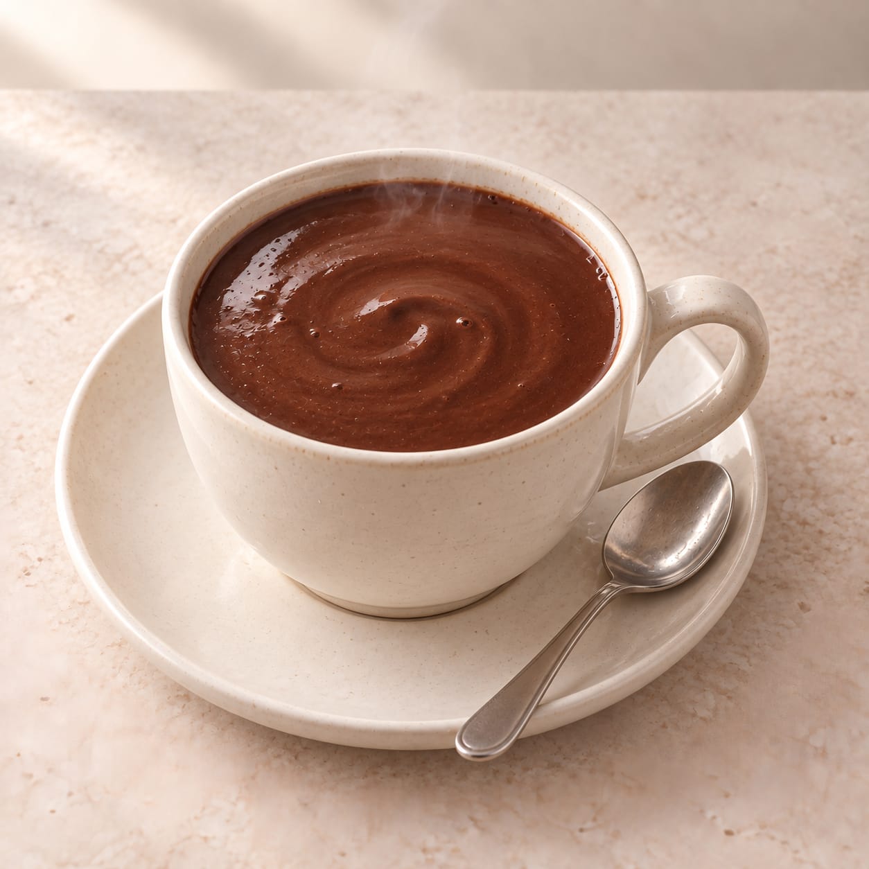 Presentación de chocolate a la taza en una taza de cerámica clara