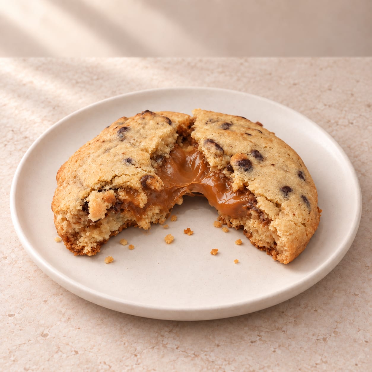 Presentación de cookie con relleno de dulce de leche a la vista