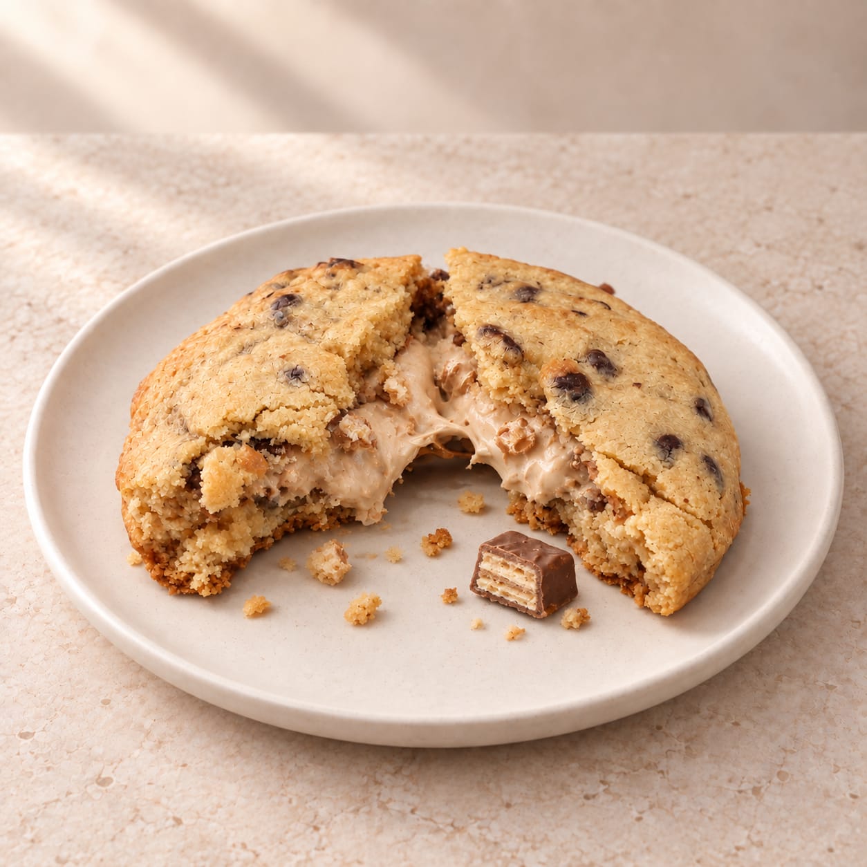 Presentación de cookie partida con crema clara de avellana y oblea