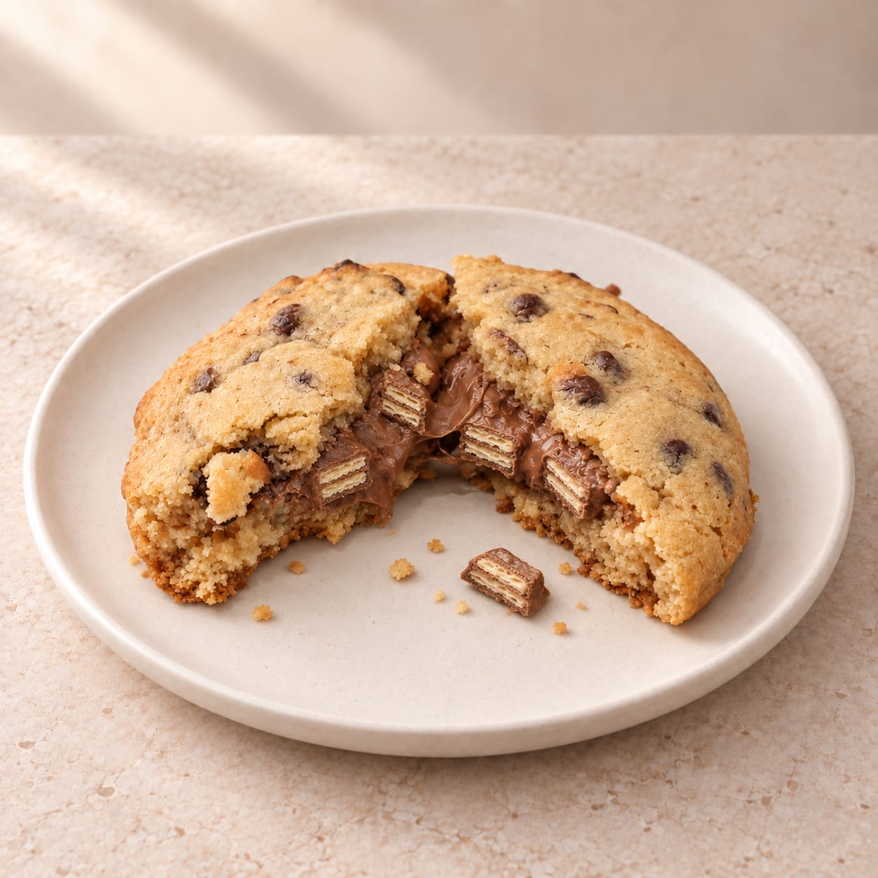 Presentación de cookie rellena de chocolate con oblea