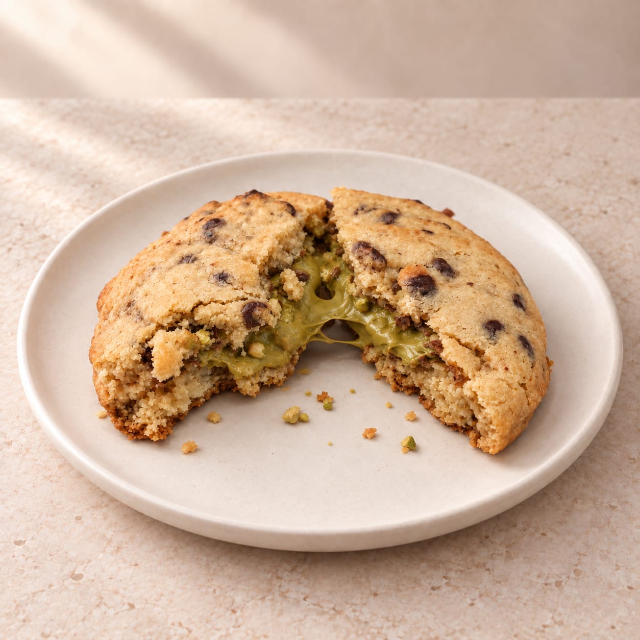 Presentación de cookie partida con relleno verde de pistacho