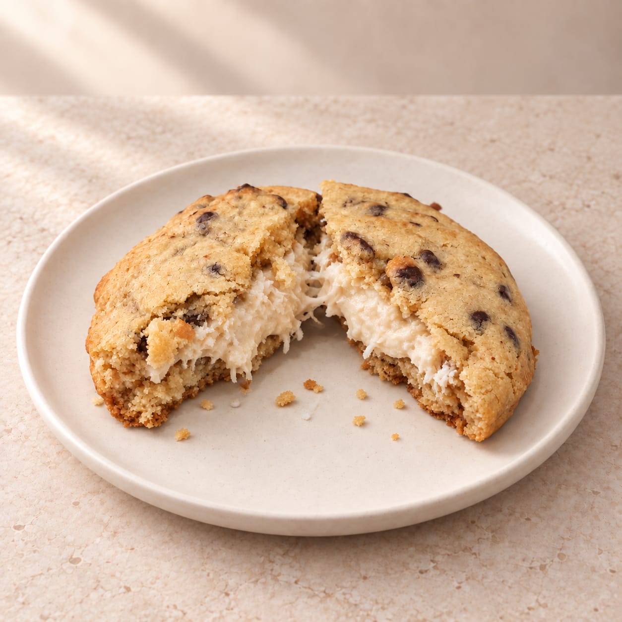 Presentación de cookie abierta con crema clara y coco