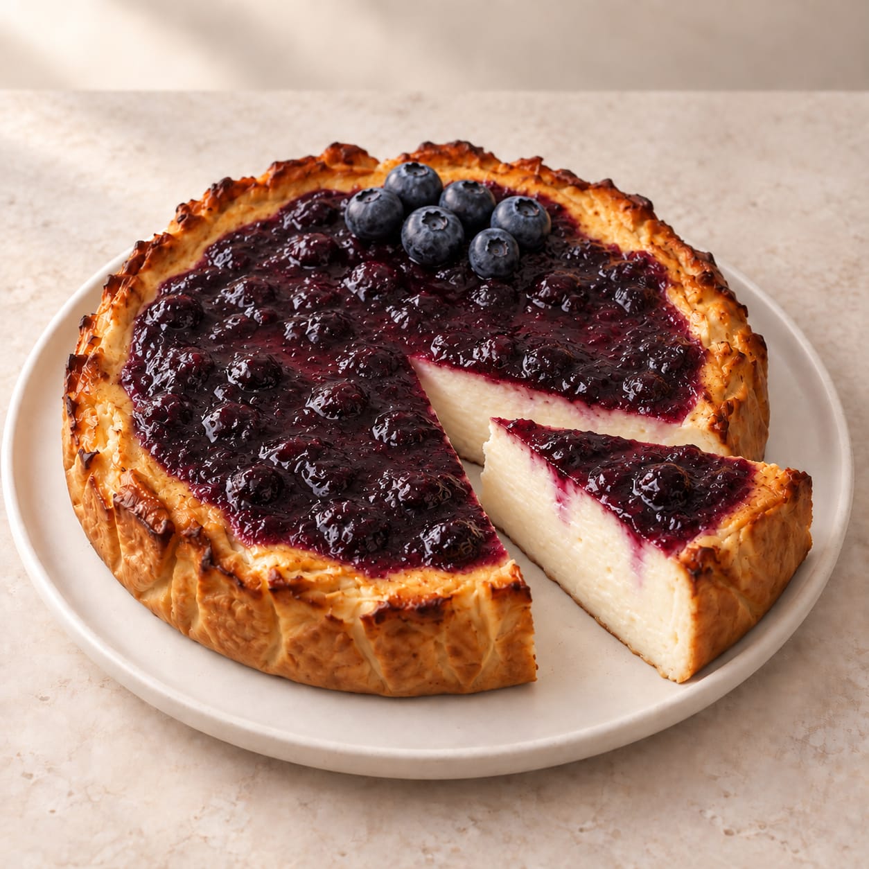 Tarta de queso con compota de arándanos y arándanos sobre la superficie
