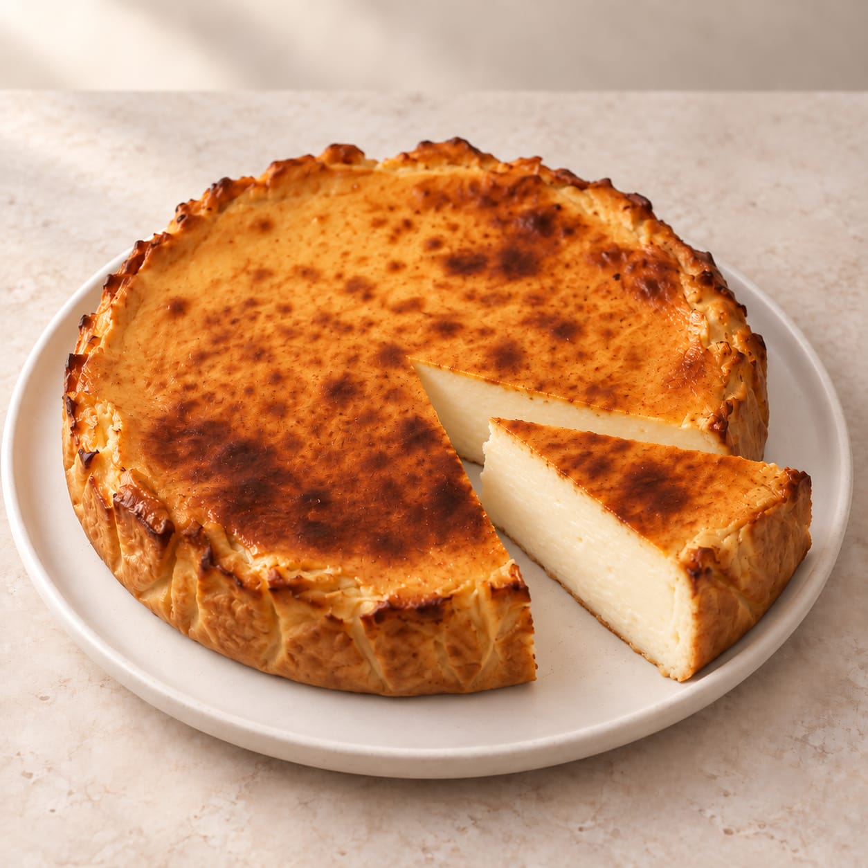 Tarta de queso clásica tostada, con una porción cortada, sobre un plato de cerámica y piedra clara