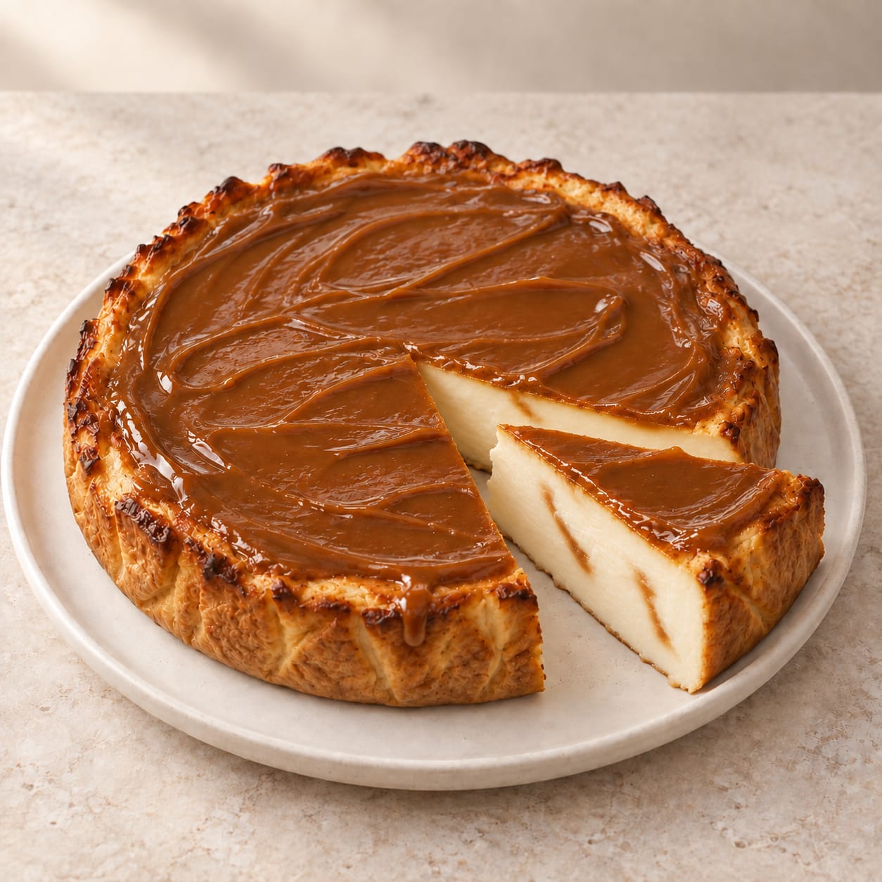 Tarta de queso con cobertura de dulce de leche y una porción cortada sobre cerámica clara