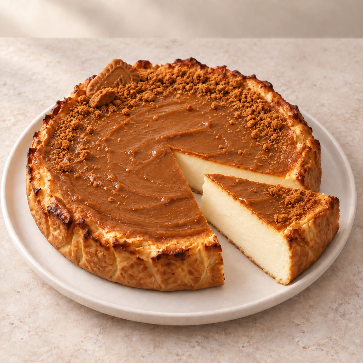 Tarta de queso y lotus con crema de galleta caramelizada y migas sobre la superficie
