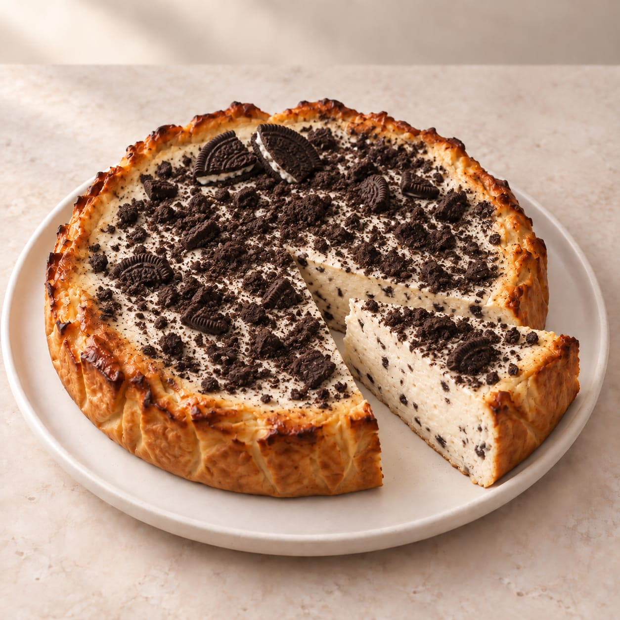 Tarta de queso y oreo con trozos de galleta de chocolate y una porción cortada