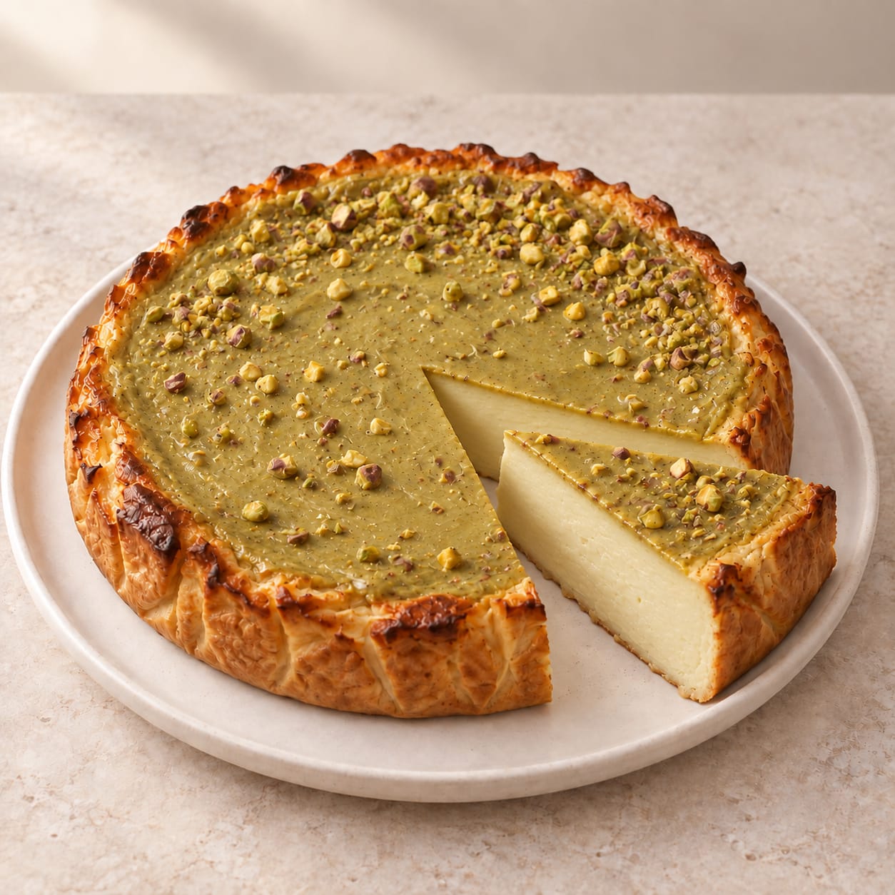 Tarta de queso y pistacho con cobertura verde y pistachos troceados, con una porción cortada