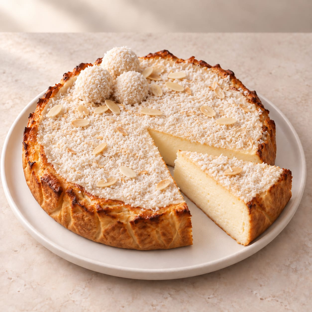 Tarta de queso y rafaello cubierta de coco, con tres pequeños bombones de coco