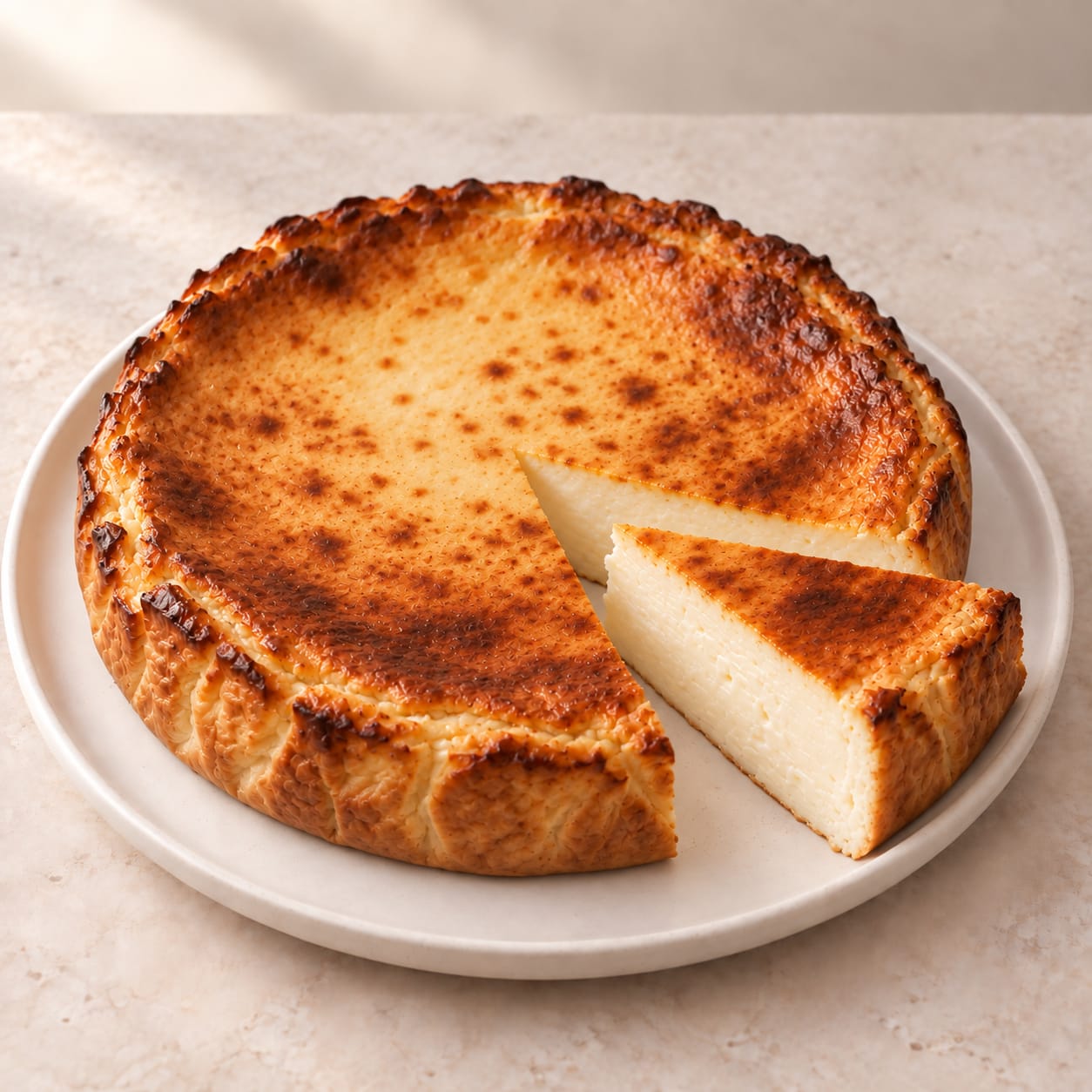 Tarta de queso y torta del Casar tostada, con una porción separada sobre el plato