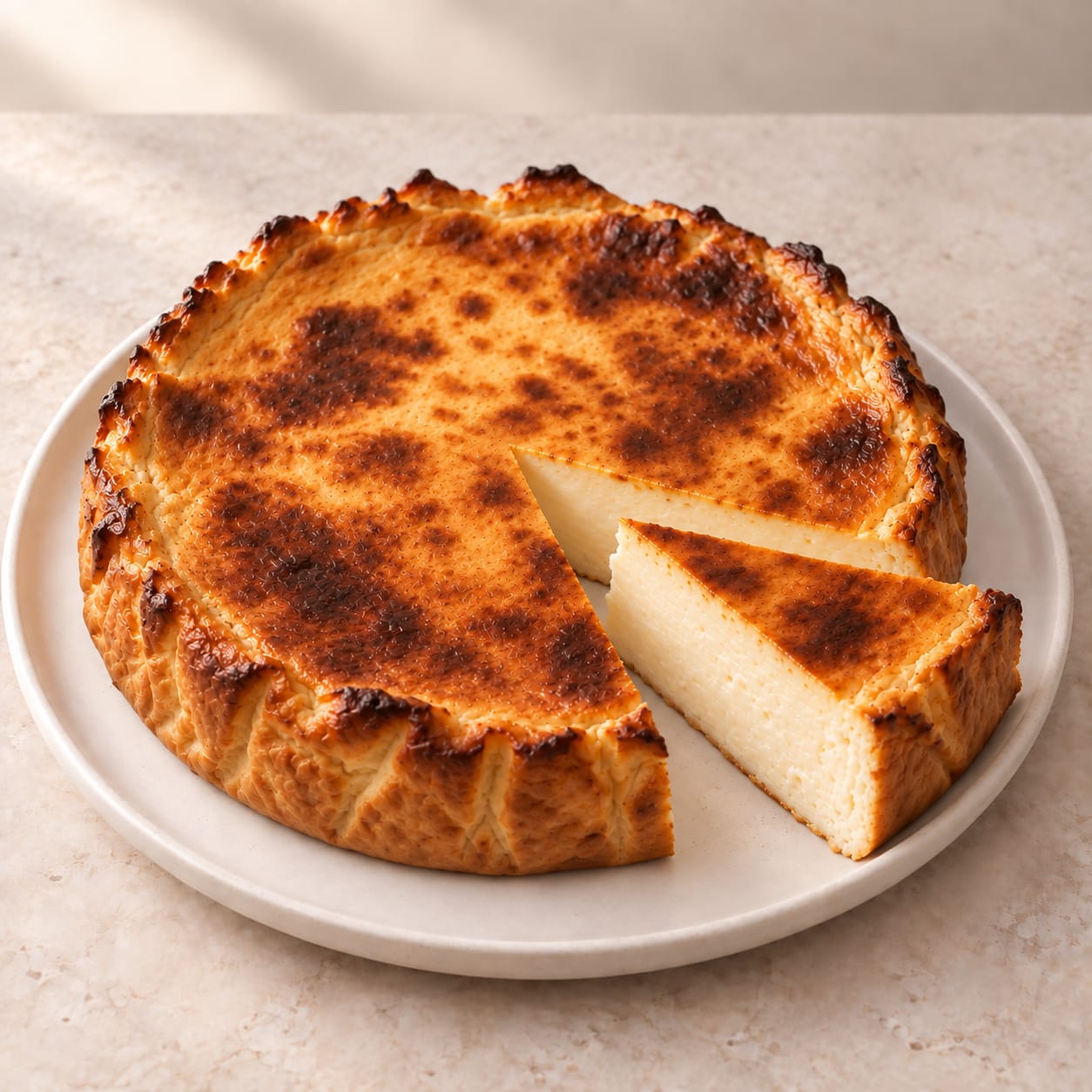 Tarta de tres quesos con superficie dorada e interior cremoso a la vista