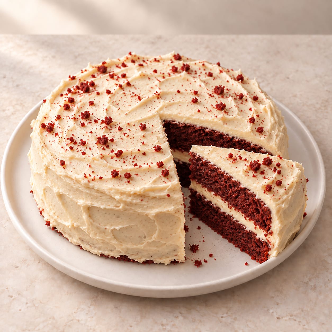 Presentación de red velvet con crema de queso y una porción cortada